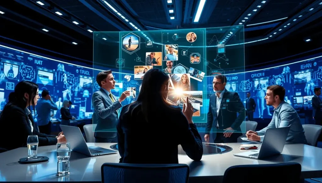 Business professionals collaborating with AI-generated imagery in a modern workspace.