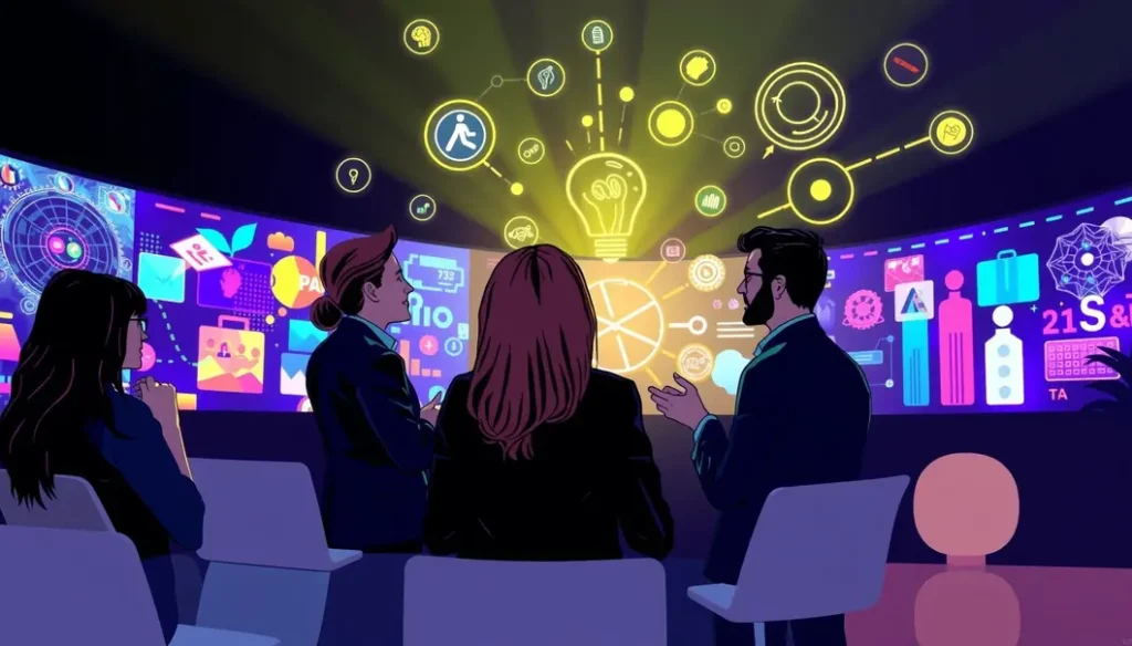 A diverse business team collaborating with AI-generated images in the background.