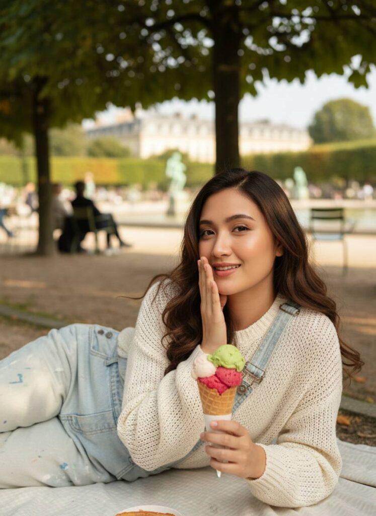 Chân dung sống động dưới cây ngựa ở Jardin du Luxembourg với gelato và nụ cười tỏa nắng