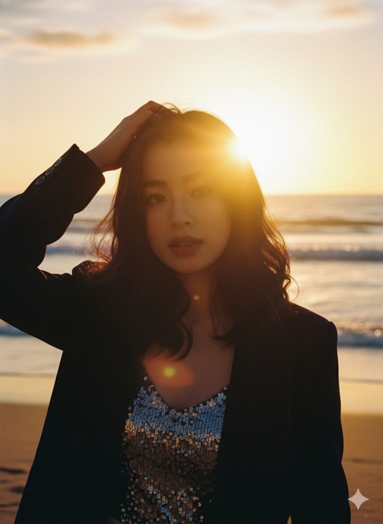 Chân dung tuyệt đẹp bên bờ biển lúc hoàng hôn rực rỡ