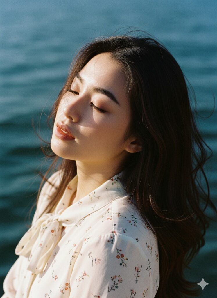 Chân dung cô gái châu Á bên biển dưới ánh hoàng hôn đầy lôi cuốn