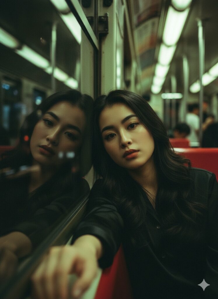 Chân dung cuốn hút trong không gian tàu điện ngầm đêm, sự tương phản màu sắc nổi bật