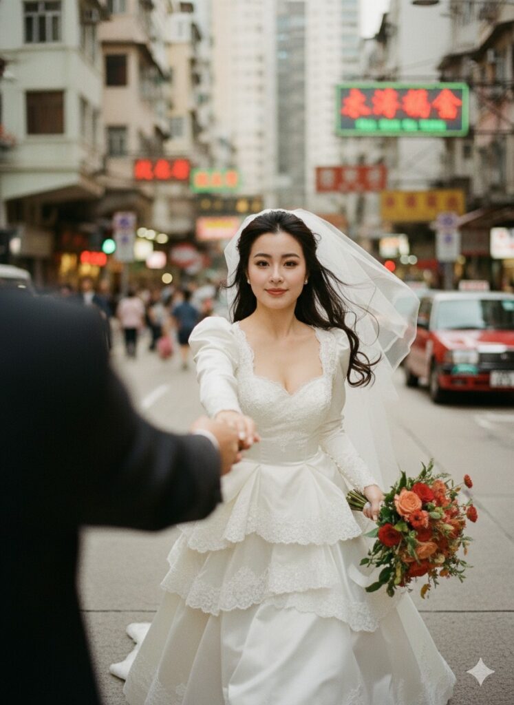 Cô Dâu Xinh Đẹp Chạy Trên Phố Cổ Hong Kong Với Váy Cưới 90s Rực Rỡ