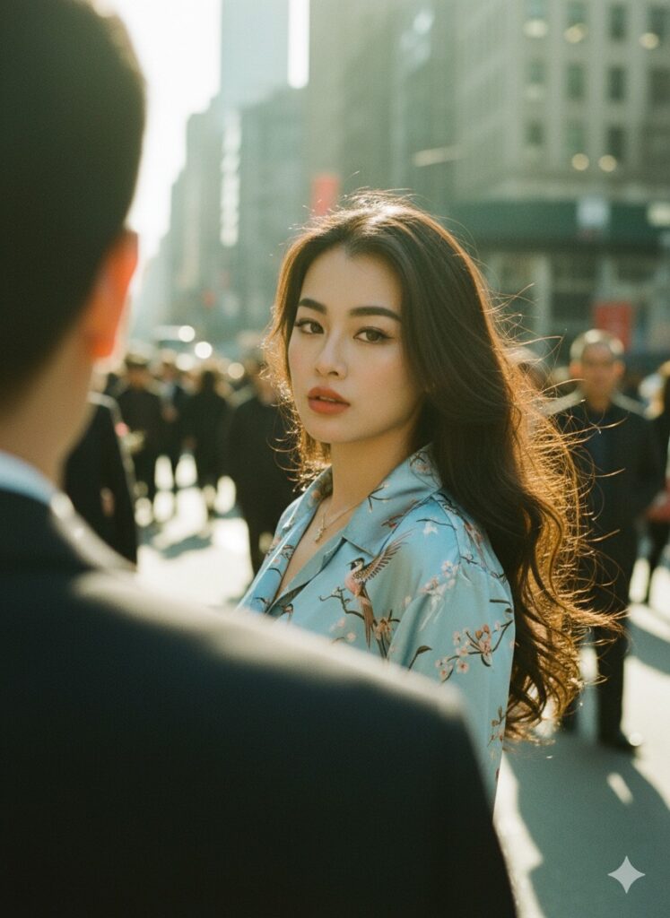 Chân dung nữ giới giữa phố phường với ánh sáng và màu sắc vintage ấn tượng.