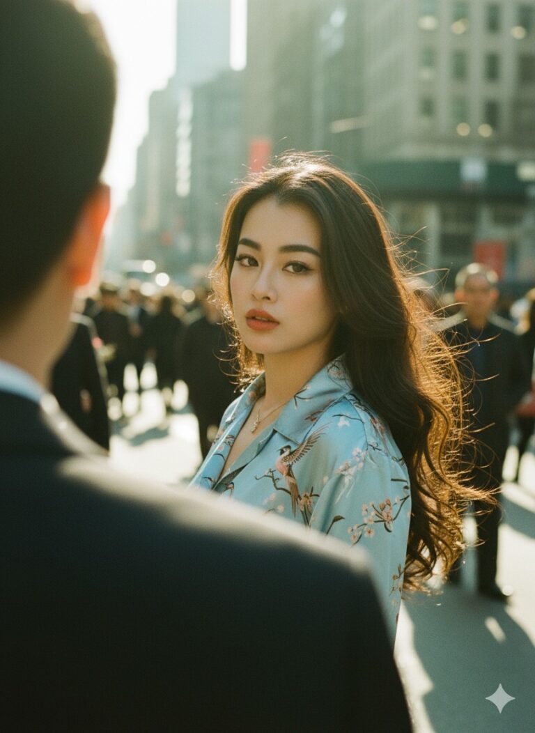 Chân dung nữ giới giữa phố phường với ánh sáng và màu sắc vintage ấn tượng.