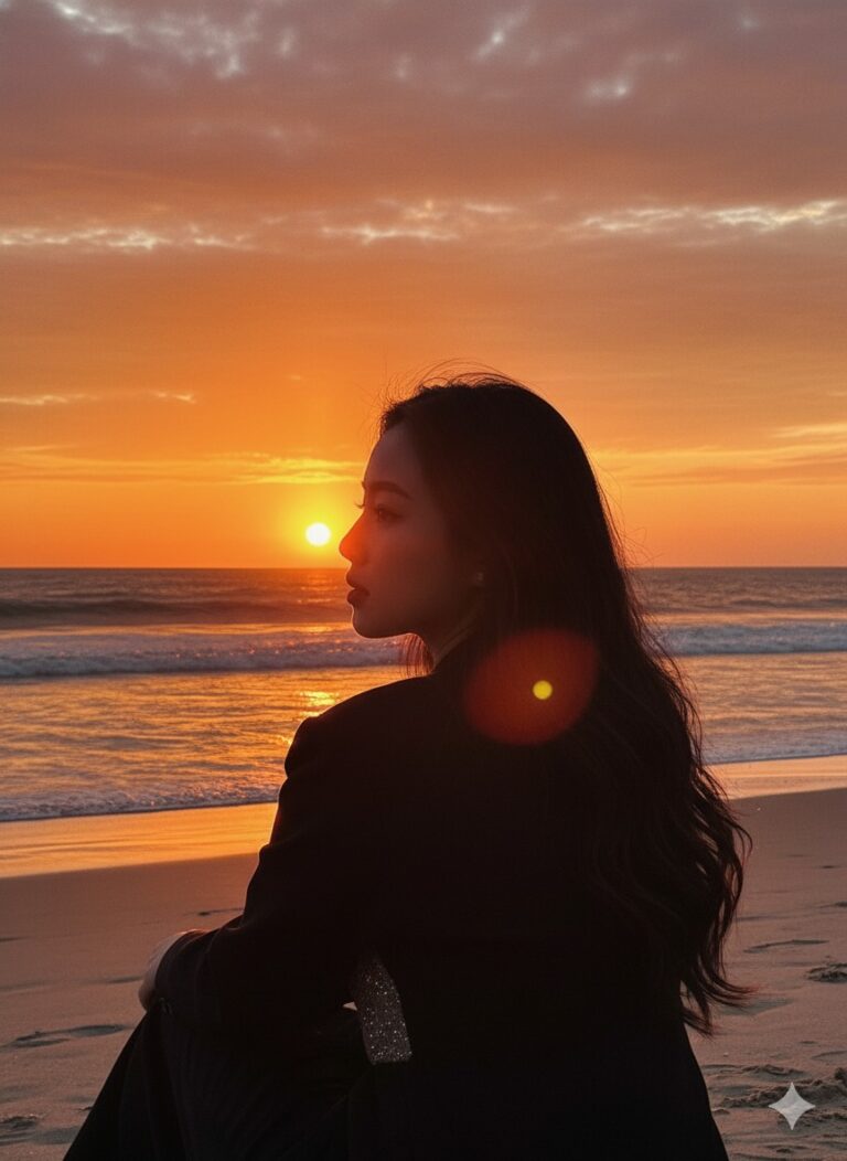 Chân dung lãng mạn bên bờ biển lúc hoàng hôn tuyệt đẹp