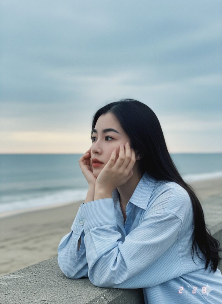 Chân dung thời trang điện ảnh của cô gái trẻ bên biển xanh mát dịu