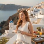 Bữa sáng trên ban công biển với cô gái trong ánh nắng vàng êm dịu