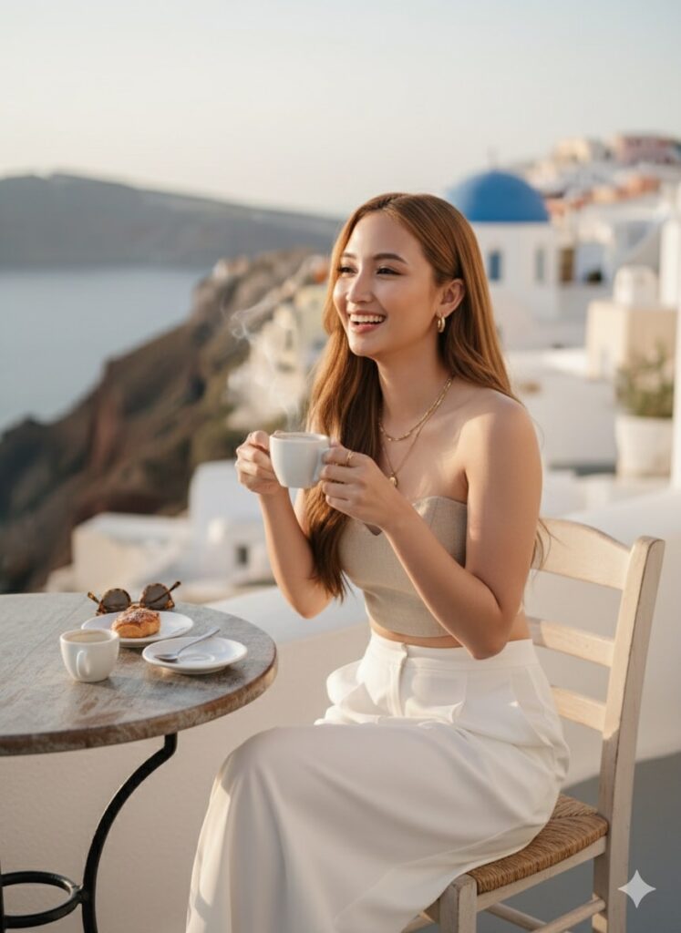 Chân dung nữ ngồi quán café với phong cách mùa hè ở Hy Lạp