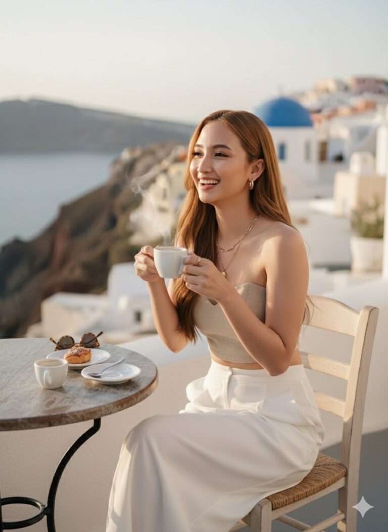 Chân dung nữ ngồi quán café với phong cách mùa hè ở Hy Lạp