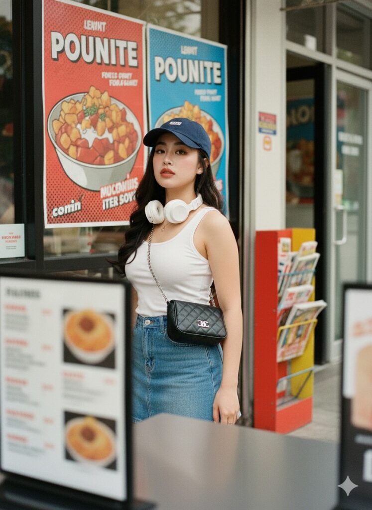 Chân dung thời trang đường phố phong cách Retro Pop tại quán ăn nhanh.