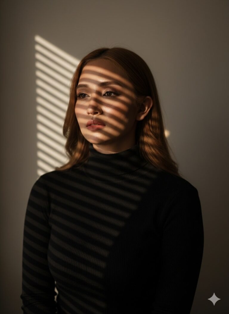 Chân dung nữ nghệ thuật sống động với hiệu ứng bóng đổ từ ánh sáng tự nhiên