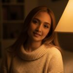 Cận cảnh chân dung nữ đẹp với ánh đèn ấm áp và không khí dễ chịu