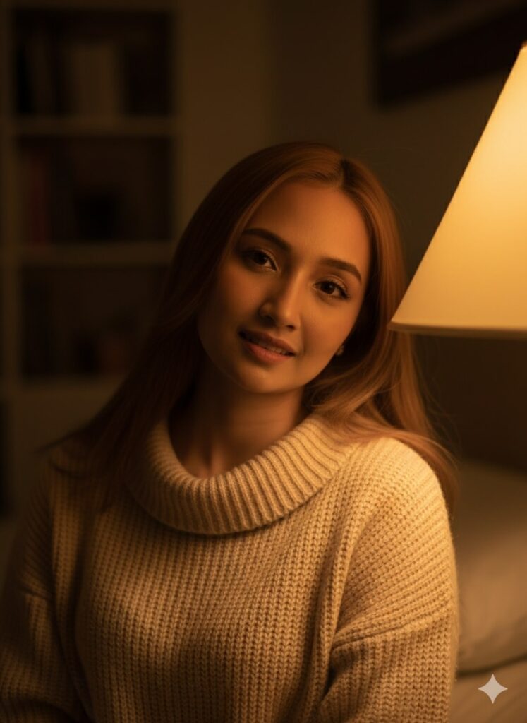 Cận cảnh chân dung nữ đẹp với ánh đèn ấm áp và không khí dễ chịu