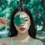 Bức chân dung thanh xuân với lá phong che mắt và bokeh tuyệt đẹp bên ngoài