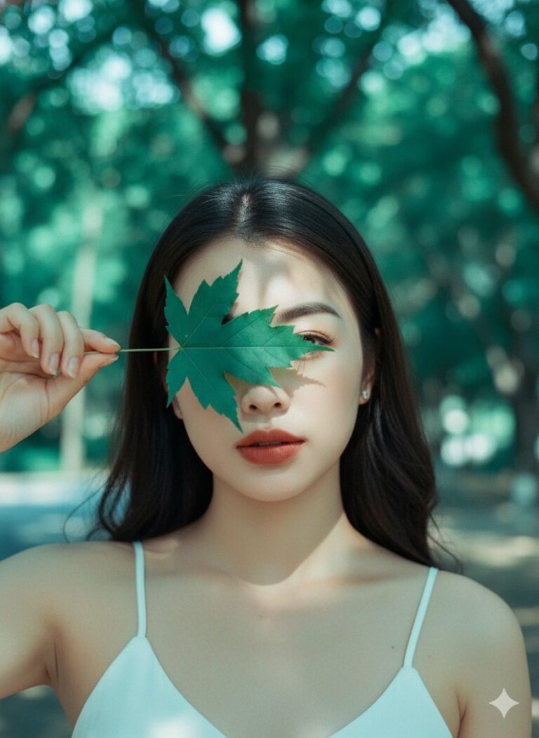 Bức chân dung thanh xuân với lá phong che mắt và bokeh tuyệt đẹp bên ngoài