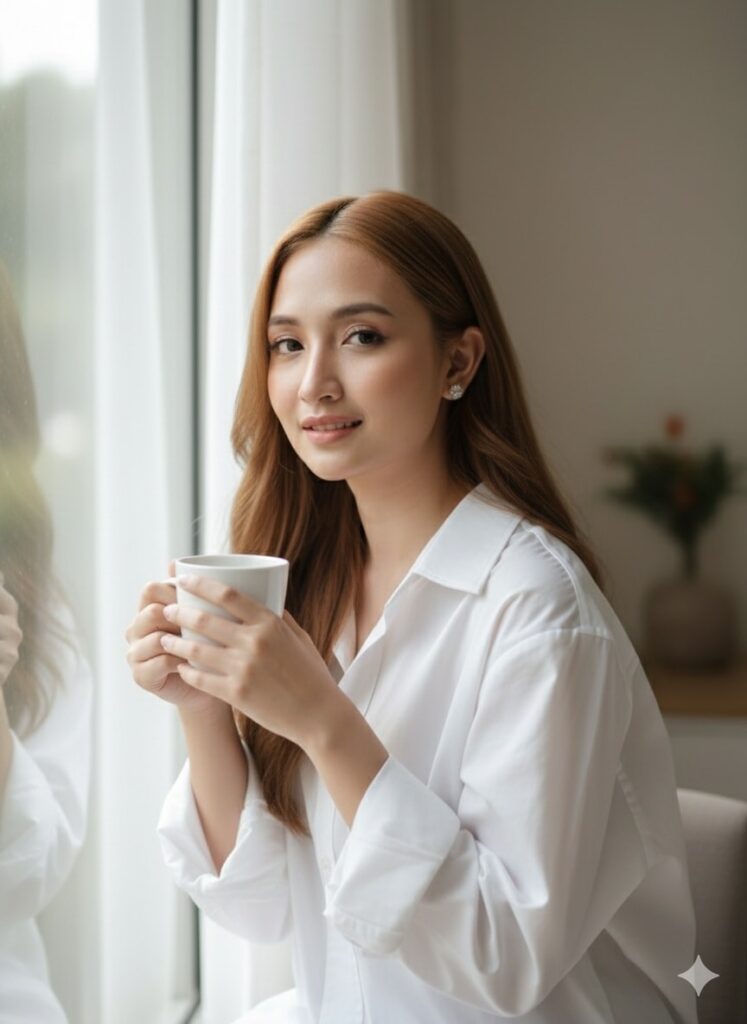 Chân dung nữ trong ánh sáng sáng sớm qua cửa sổ với độ sắc nét vượt trội