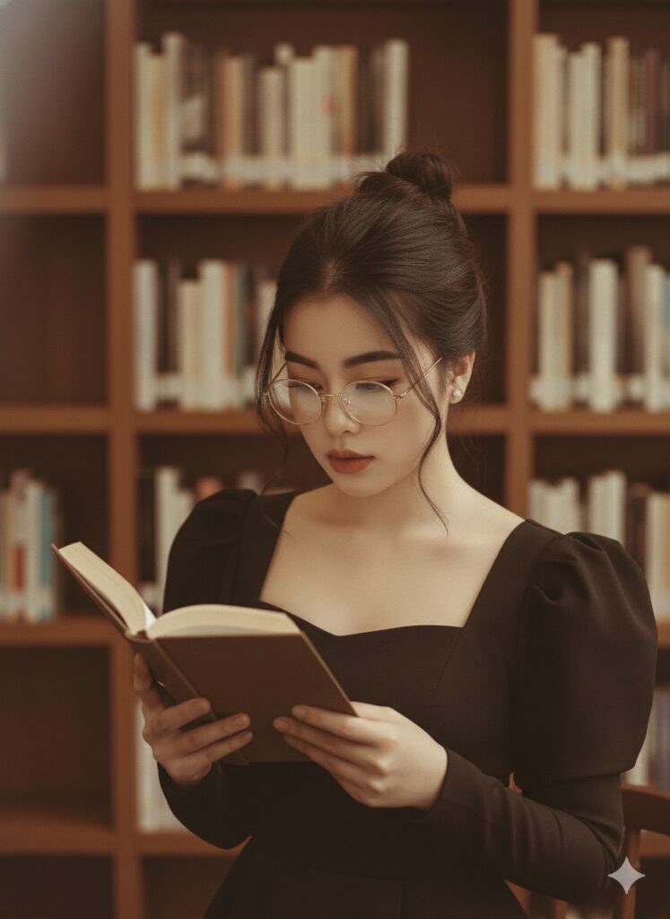 Chân dung cô gái đắm chìm trong sách tại thư viện ấm cúng