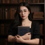 Chân dung cô gái trong thư viện cổ điển với ánh sáng ấm áp và nét đẹp trí thức