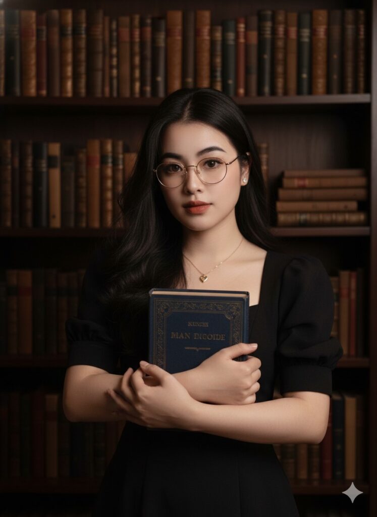 Chân dung cô gái trong thư viện cổ điển với ánh sáng ấm áp và nét đẹp trí thức