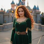 Chân dung Merida sống động trước lâu đài Ngủ, tạo nên nét đẹp kỳ diệu và tự tin.