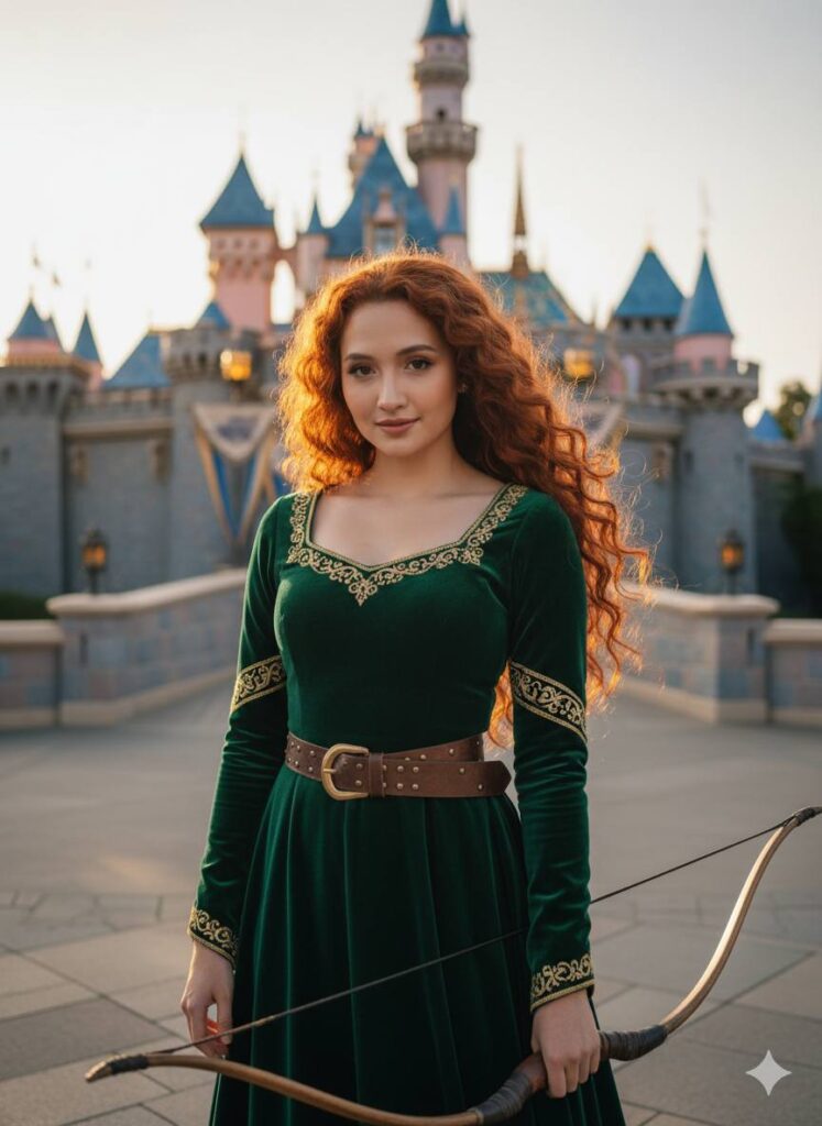 Chân dung Merida sống động trước lâu đài Ngủ, tạo nên nét đẹp kỳ diệu và tự tin.
