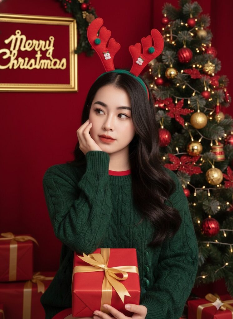 Chụp hình cô gái tươi vui giữa không gian Giáng Sinh rực rỡ