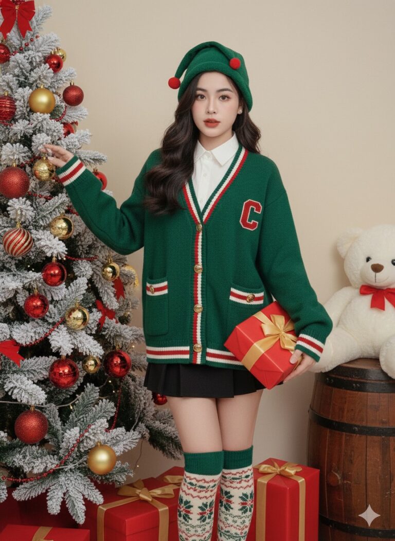 Cô gái xinh đẹp trong trang phục Giáng sinh rực rỡ và món quà đầy ý nghĩa