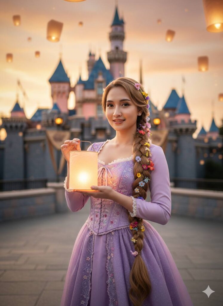 Chân dung Rapunzel sống động bên lâu đài trong ánh hoàng hôn với đèn lồng lấp lánh