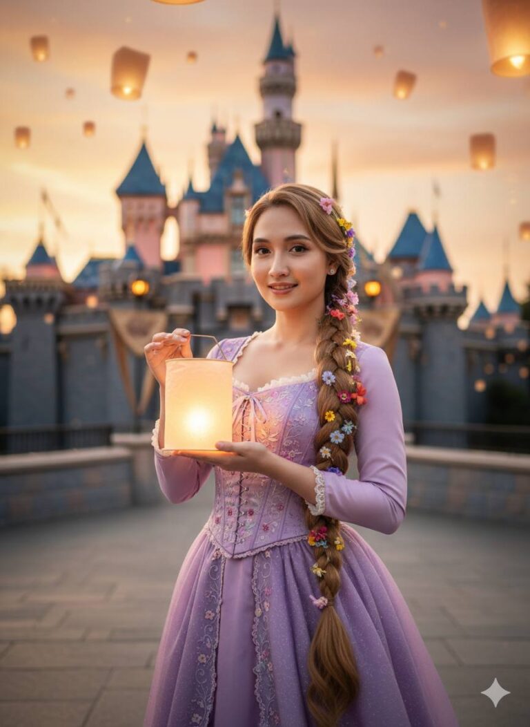 Chân dung Rapunzel sống động bên lâu đài trong ánh hoàng hôn với đèn lồng lấp lánh