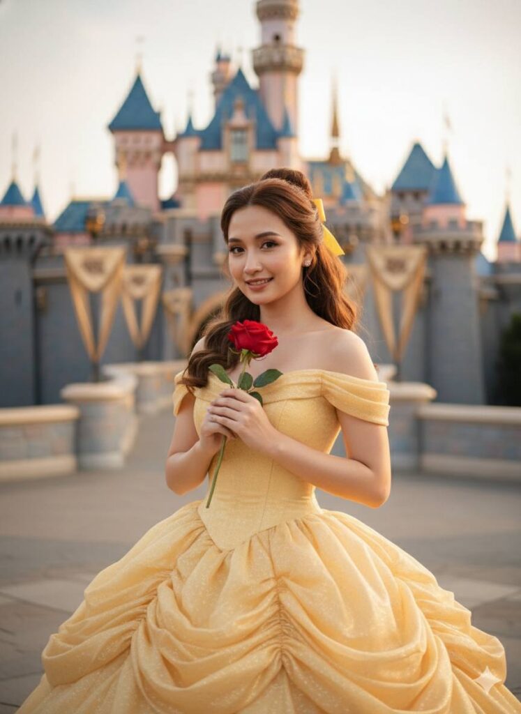 Chân dung nữ thần năm đang bên lâu đài Ngủ, khoác áo vàng rực rỡ với hoa hồng đỏ