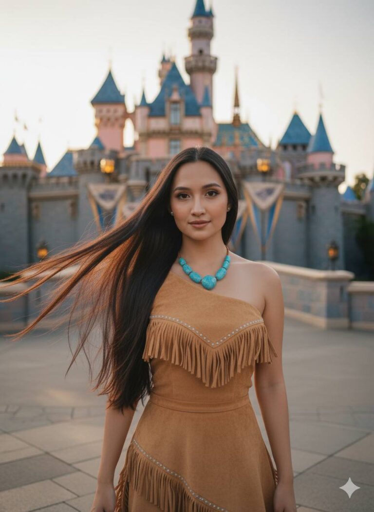 Chân dung Pocahontas sống động trước lâu đài Sleeping Beauty với phong cách tự nhiên