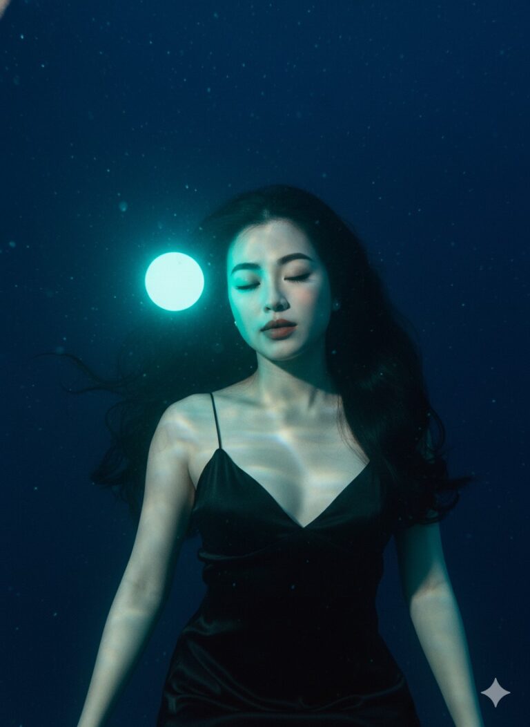 Chân dung thanh niên dưới nước với ánh sáng kỳ ảo và sắc độ lạnh lùng