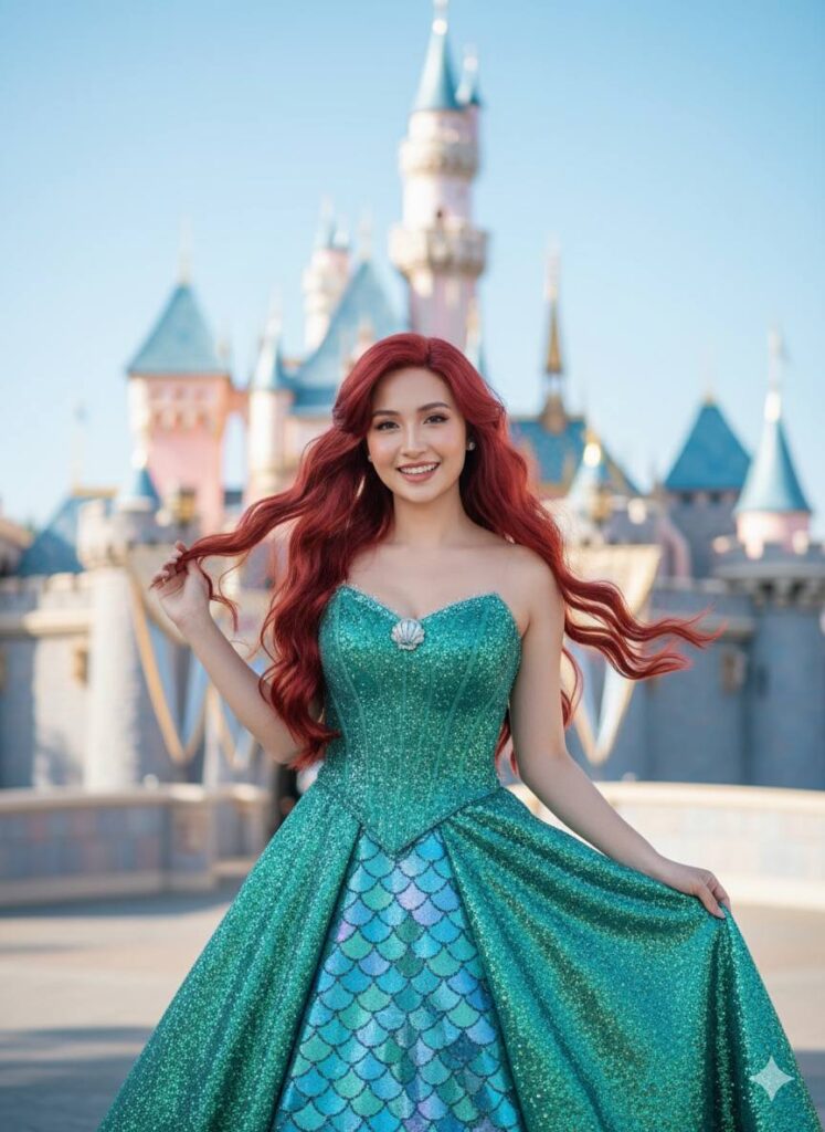 Biến hóa thành Ariel với bộ váy lấp lánh trước lâu đài Bạch Tuyết trong ảnh thực tế 8K