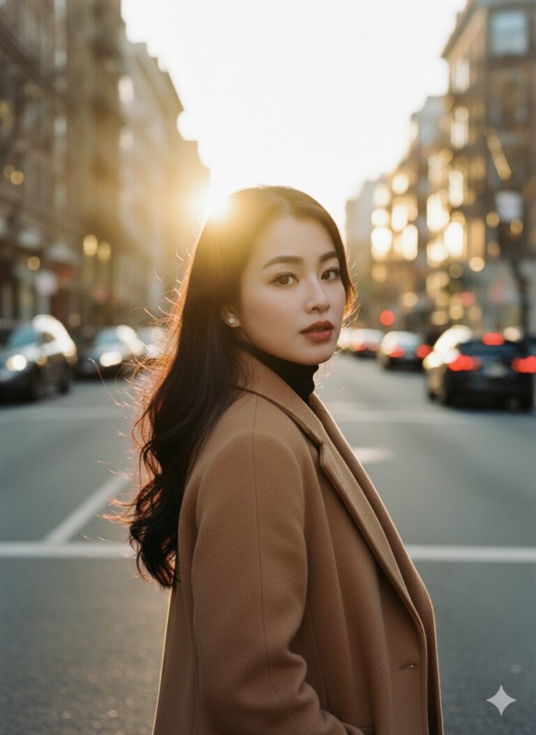 Nét đẹp ngọt ngào của cô gái trong trang phục áo khoác camel trên phố đô thị