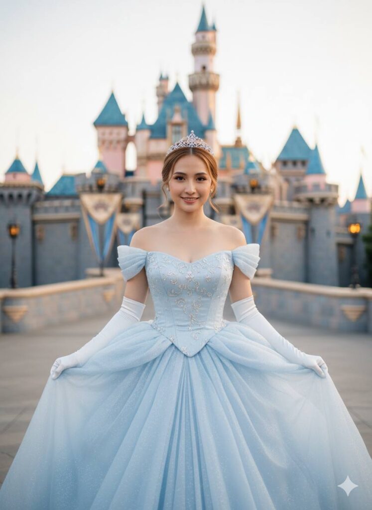 Chân dung siêu thực của người mẫu tại Disneyland trong váy ball gown lấp lánh