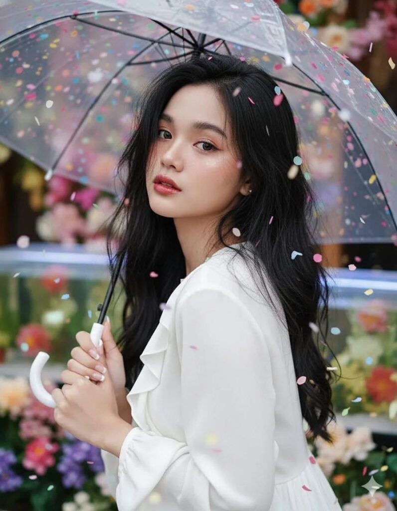 Nét buồn vừa lôi cuốn của cô gái trong bức ảnh với trang phục trắng và ô trong suốt