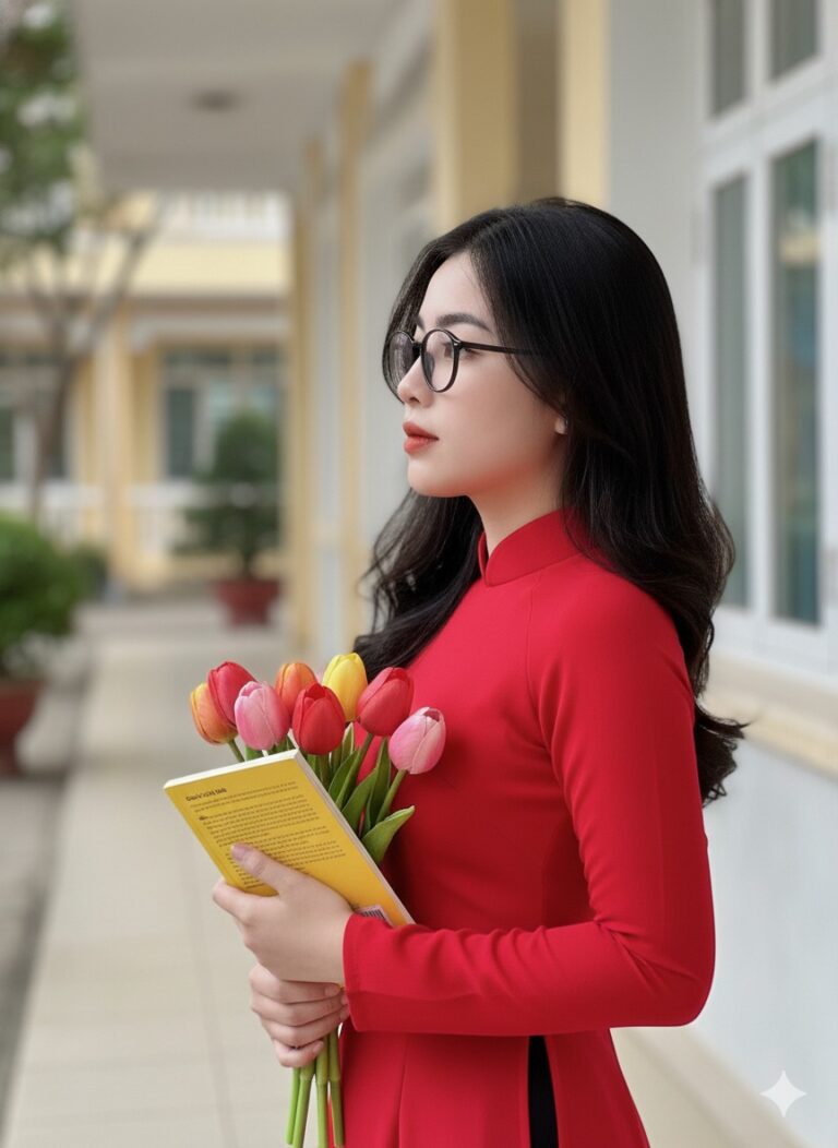 Chân dung cô gái trẻ trong trang phục Áo Dài giữa không gian rực rỡ sắc màu hoa tulip
