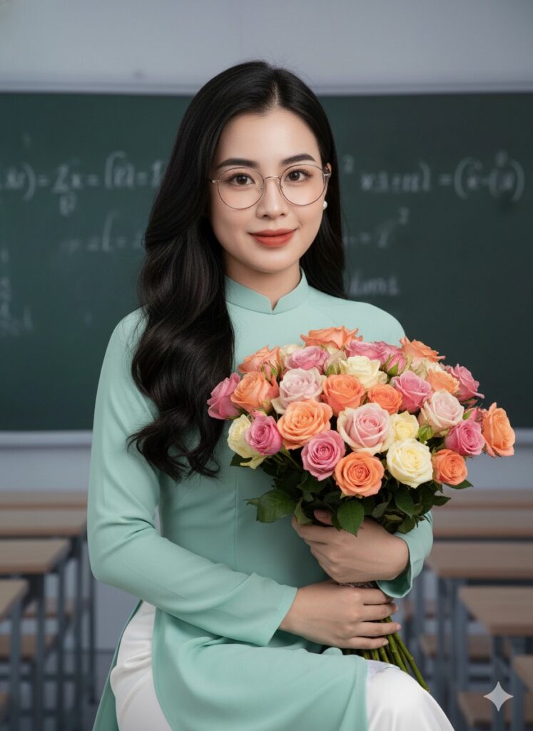 Chân dung nữ sinh xinh đẹp trong Áo Dài giữa không gian lớp học nổi bật hoa hồng