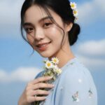 Nàng thơ xinh đẹp với tóc búi messily và hoa cúc trắng giữa nền trời xanh