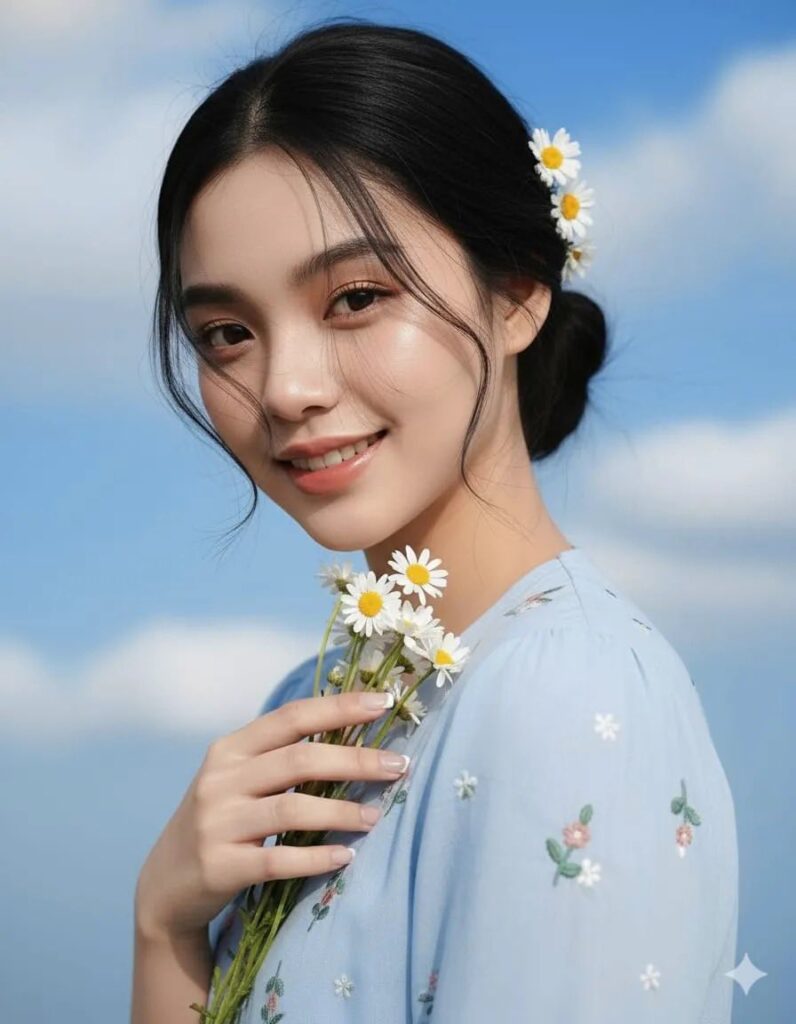 Nàng thơ xinh đẹp với tóc búi messily và hoa cúc trắng giữa nền trời xanh