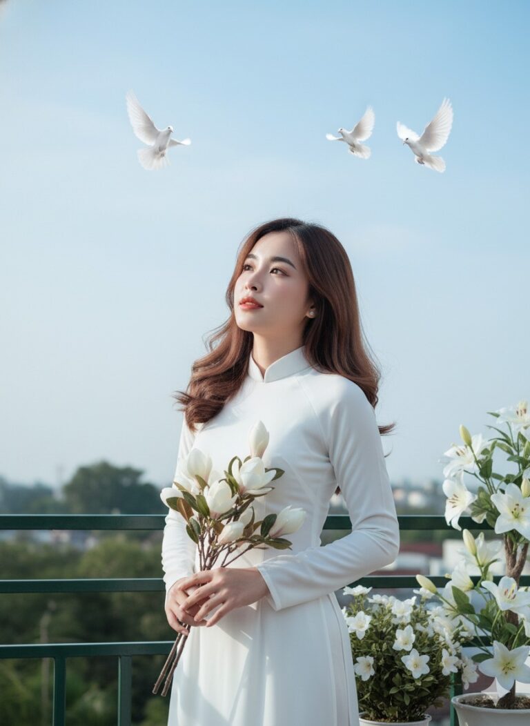 Cô gái trong bộ áo dài trắng giữa buổi sớm lung linh và bình yên trên ban công