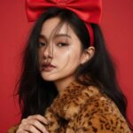 Cô gái quyến rũ với dây ruy băng đỏ và áo khoác lông sang trọng