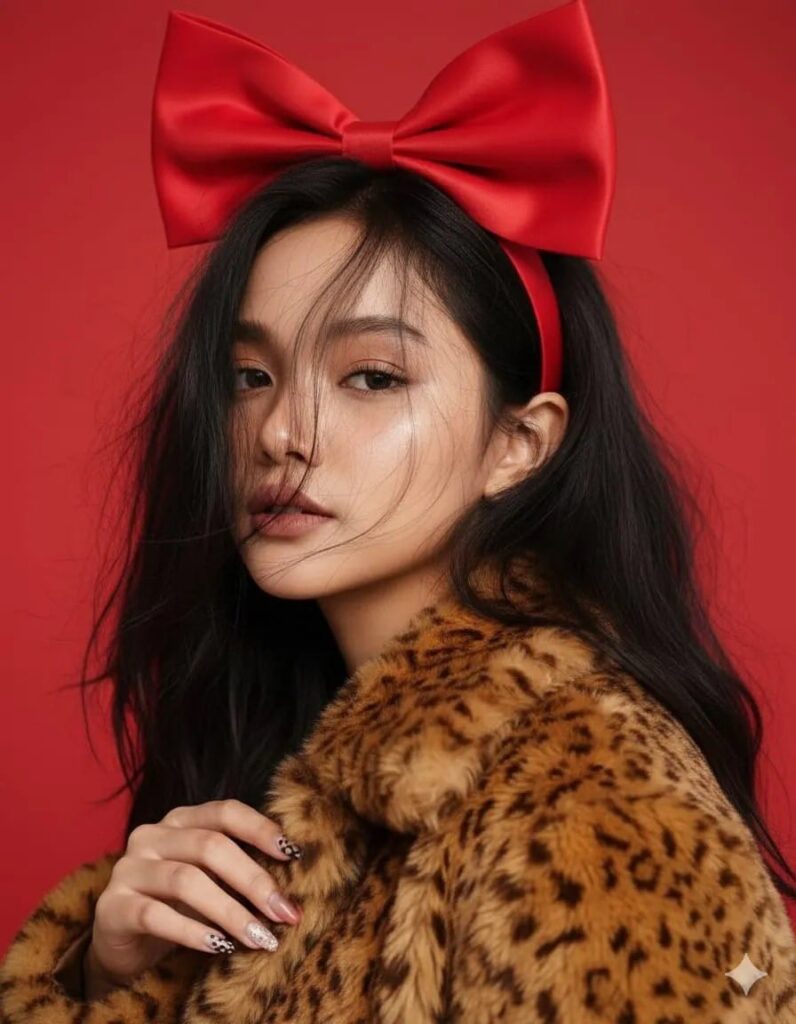 Cô gái quyến rũ với dây ruy băng đỏ và áo khoác lông sang trọng