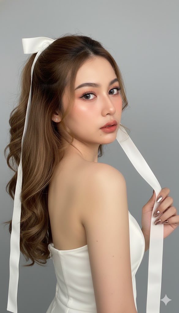 Góc chụp gần của cô gái tóc nâu vàng với băng rôn trắng đầy cuốn hút và nhẹ nhàng