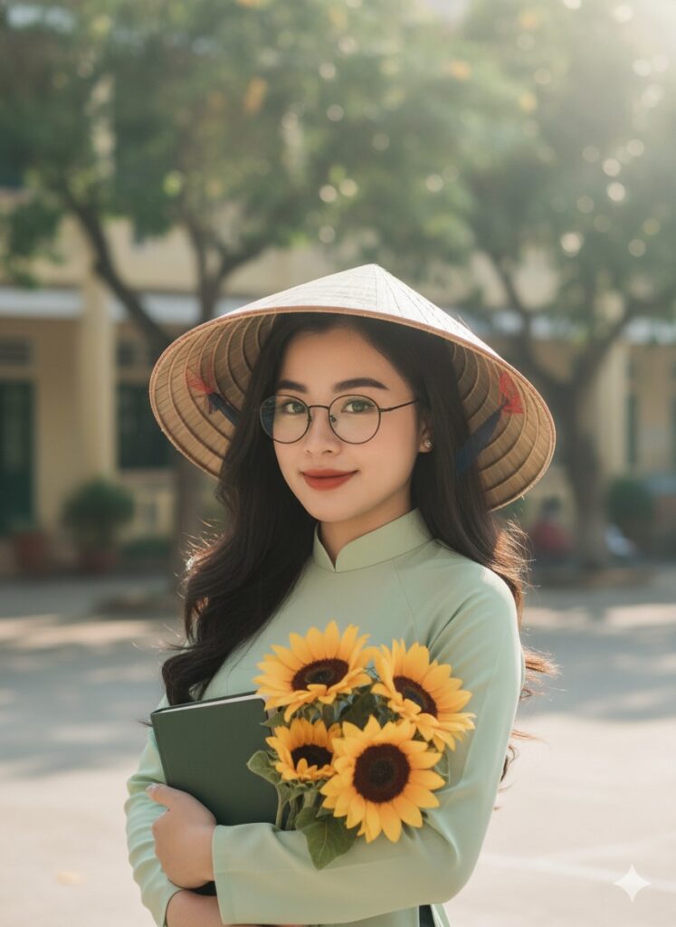 Chân dung cô gái trẻ trong sân trường rực rỡ nắng và sắc hoa tươi sáng