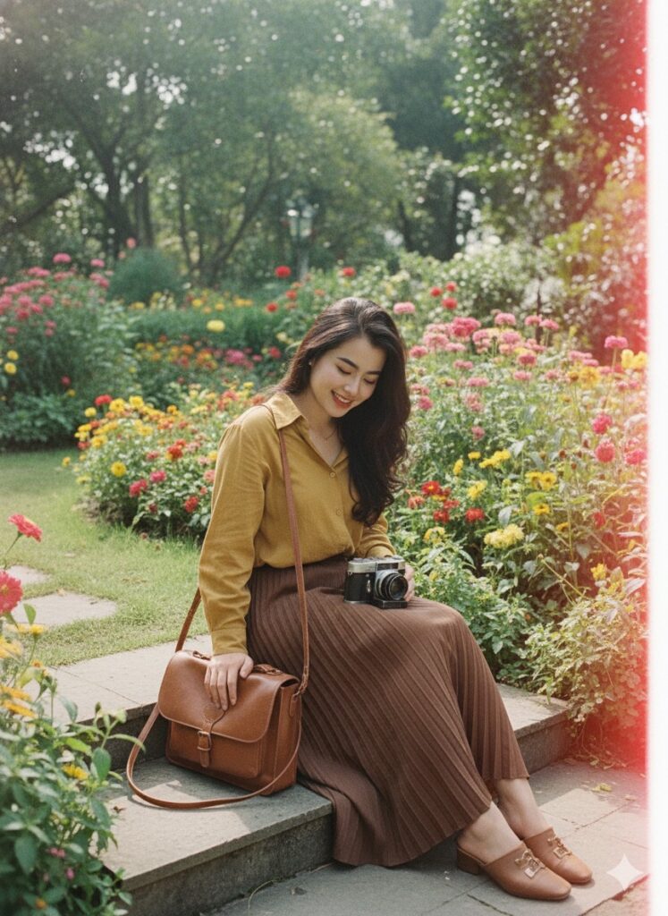 Chân dung cô gái trẻ với máy ảnh trong ánh sáng vàng mùa thu