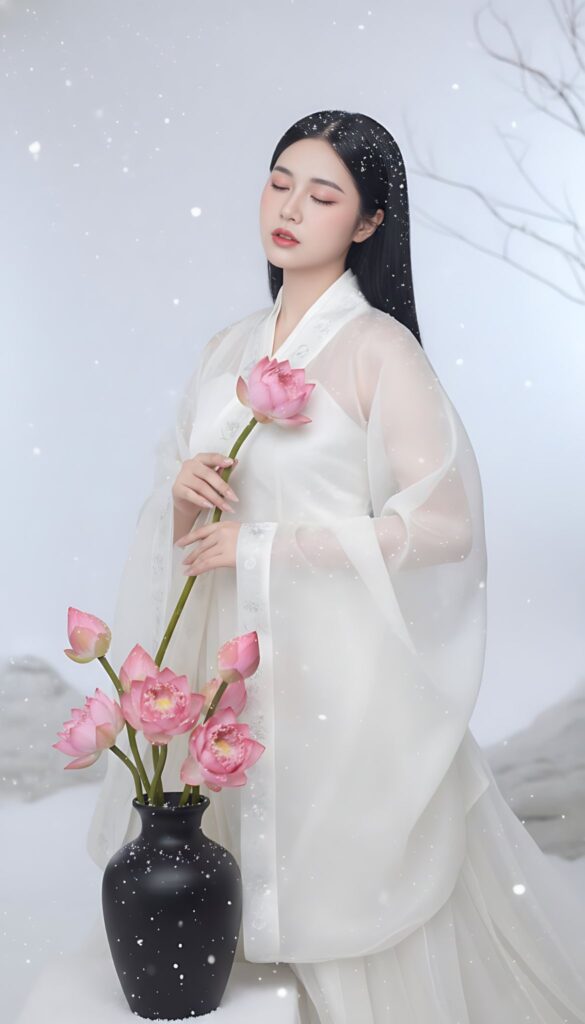 Chân dung Đông Á mùa đông thanh tao trong bộ Hán phục tuyệt đẹp và hoa sen hồng tinh tế