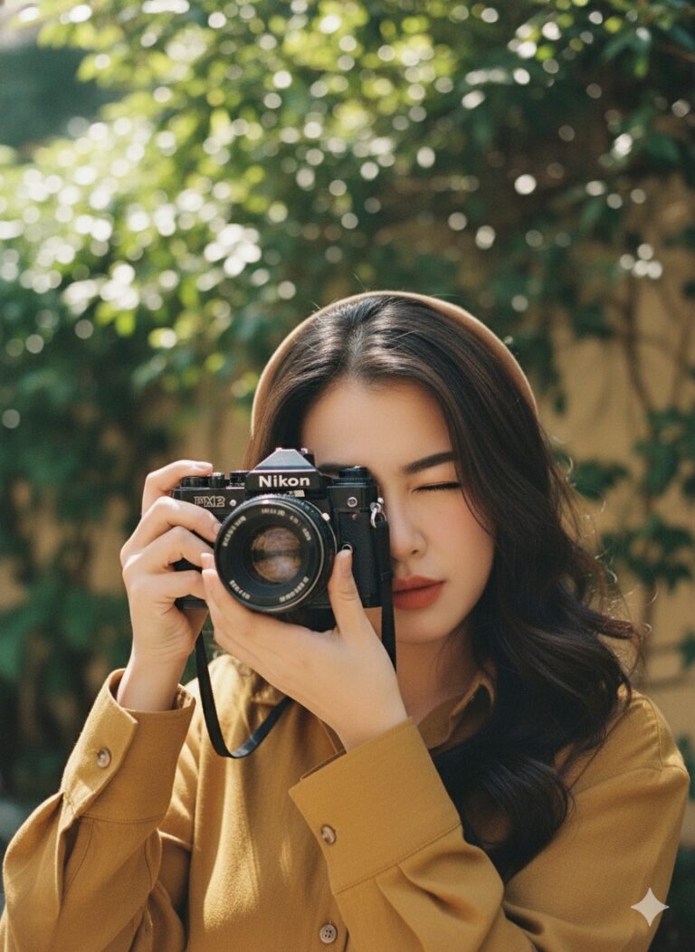 Góc chụp chân dung nghệ thuật với máy ảnh phim cổ điển dưới ánh nắng mặt trời