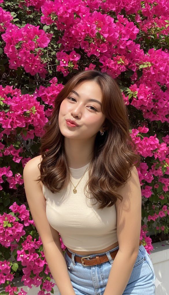 Bức chân dung nữ sinh Hàn Quốc giữa không gian hoa giấy rực rỡ vào mùa xuân